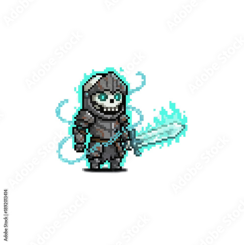 pixel art spectral zombie knight bound by ghostly chains, ethereal armor, glowing soul, cursed undead