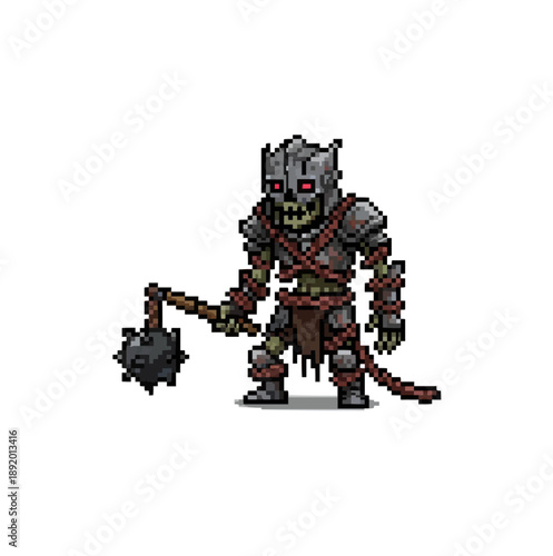 pixel art chained zombie knight dragging cursed chains, spiked flail, broken armor, brutal undead executioner