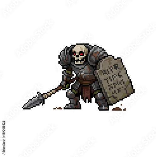 pixel art zombie knight guardian wielding tombstone shield, heavy armor, hollow eyes, ancient undead soldier