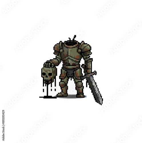 pixel art headless zombie knight holding severed skull, leaking dark blood, cursed armor, haunting presence