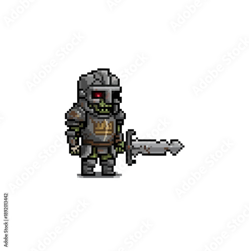 pixel art fallen kingdom zombie knight wearing torn heraldic armor, broken sword, tragic undead soldier