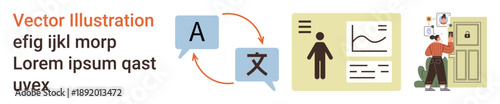 Language learning, visual communication, data processing, translation services, delivery systems, and productivity. Speech bubble icons, graphs and delivery person. Language learning and visual