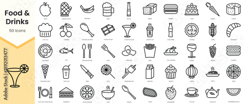 Set of Food & Drinks icons. Simple line art style icons pack. Vector illustration