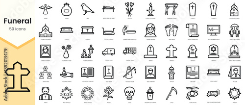 Set of funeral icons. Simple line art style icons pack. Vector illustration