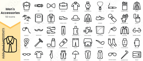 Set of Men's Accessories icons. Simple line art style icons pack. Vector illustration