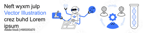 Artificial intelligence, biotechnology, automation, robotics, genetic science, innovation. Robot working on analysis and gear icons connecting processes. Artificial intelligence and biotechnology