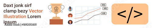 Business growth, team performance, data visualization, technology, coding, software. Trophy, rising data chart team icons coding symbol. Business growth and team performance