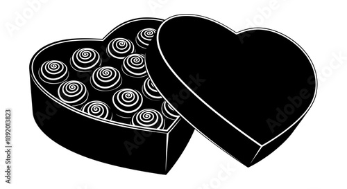 A striking black and white vector illustration depicting an open heart-shaped box filled with truffles featuring white spiral swirls, with the solid black lid resting angled against the right side