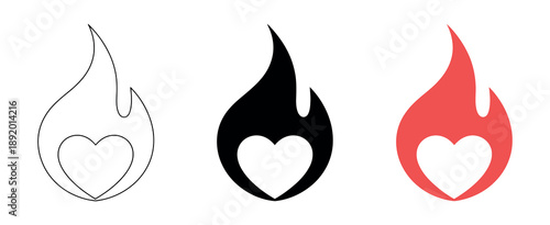 Flaming Heart Icon Illustration Set featuring diverse styles of burning hearts, from minimalist line art to bold red and orange vector graphics.