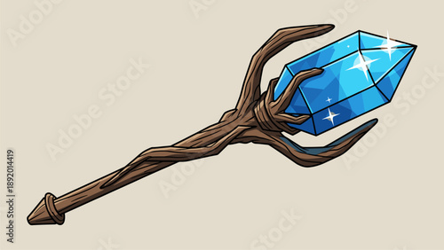 Magical wooden staff with a glowing blue crystal gem. Fantasy wizard or sorcerer weapon illustration.