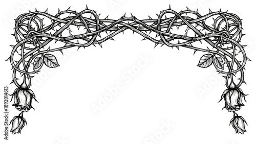 Hand-drawn Gothic Thorny Rose Arch with Drooping Buds. Vintage Black and White Floral Frame Illustration.