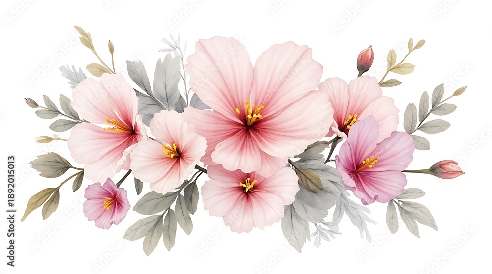 Fototapeta premium Soft Pink Hibiscus Flowers with Gray Green Leaves Arrangement