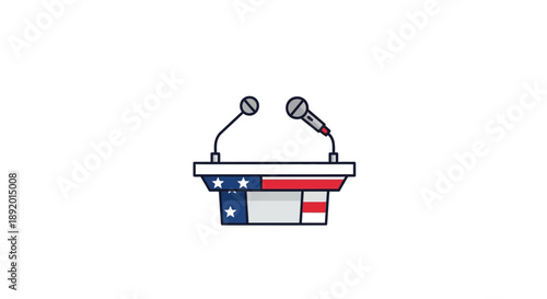 A simple vector illustration of a podium with microphones and a USA flag design on a white background, representing Presidents' Day in America.