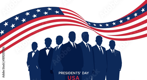 Vector illustration of a group of American presidents in suits with a waving USA flag on Presidents' Day in America.