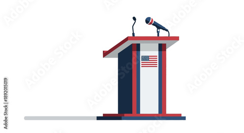 Illustration of a podium with microphones and an American flag on a white background, symbolizing a Presidents Day USA event or speech in a simple, vector style.