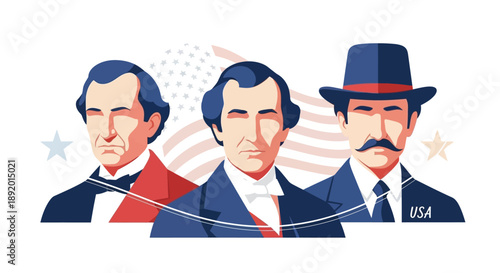Illustration of three American presidents in a sketch style with a USA flag background, celebrating Presidents' Day in America.