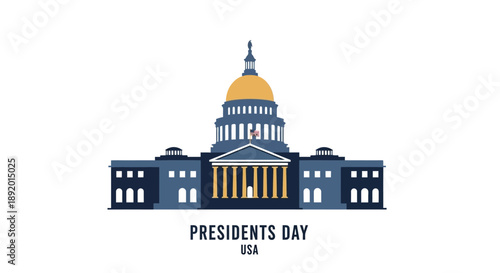 Flat design illustration of the White House on Presidents Day in USA, featuring a character sketch of a building with a gold dome, against a clean white background with a patriotic mood.