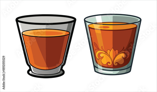 Two Glasses of Orange Liquid with Decorative Patterns and Shadows, Isolated on White Background