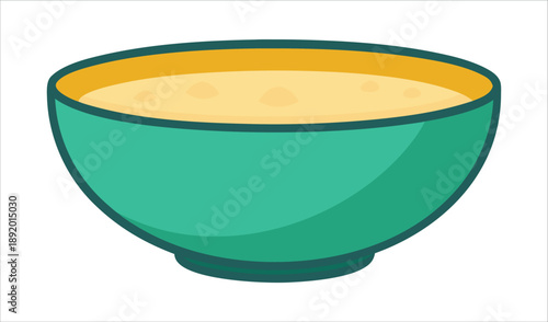 Green bowl filled with creamy yellow soup and small floating pieces, isolated on white.