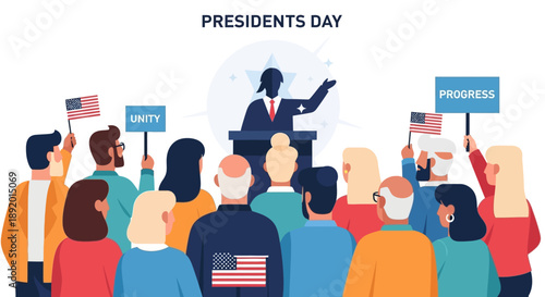 Illustration of a diverse crowd listening to a speaker on Presidents Day in America with a patriotic mood and colorful signs.