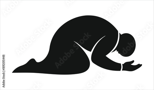 Stylized Silhouette of a Person Bowed in Prayer or Supplication on White Background