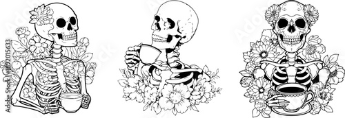 Memento Mori: Three unique skeletons, each adorned with floral arrangements, engage in a shared moment of calm while enjoying coffee.