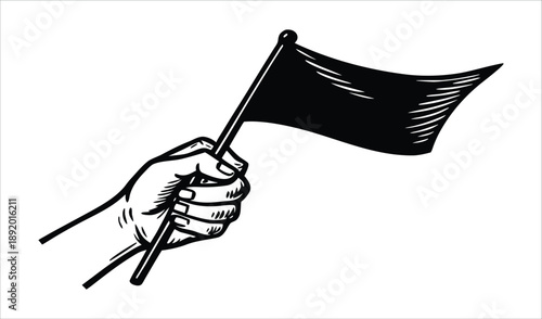 Hand holding a black flag on a pole, isolated on white, graphic illustration, protest symbol