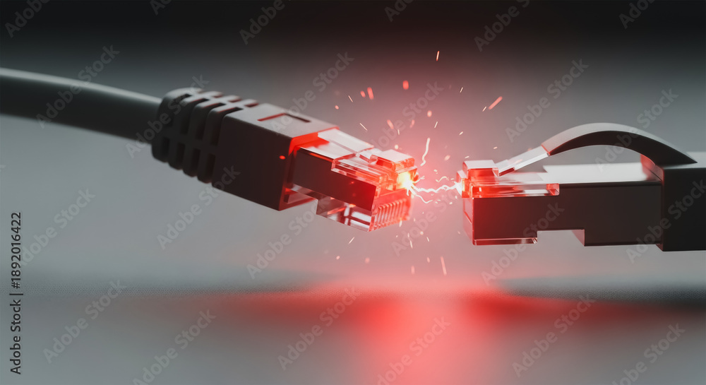 Naklejka premium Ethernet cables with electrical arc between RJ45 plugs