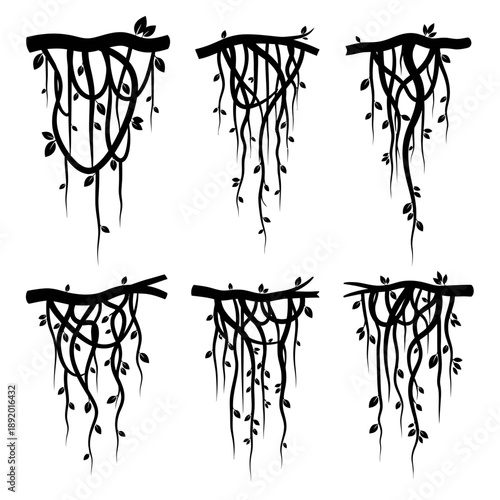 Jungle vines silhouette set, perfect for adventure themes and exotic designs, add a touch of wilderness with these vector-based tropical plant elements