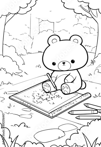 Teddy Bear in the Forest: A charming illustration depicts a sweet teddy bear, engrossed in drawing upon a sketchpad amidst a tranquil forest scene.