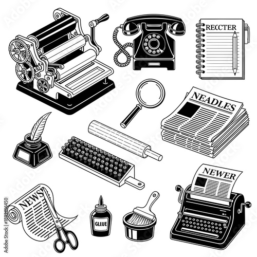 Vintage newsroom tools convey journalism history with retro style, perfect for editorial design, historical publications, or classic print media projects