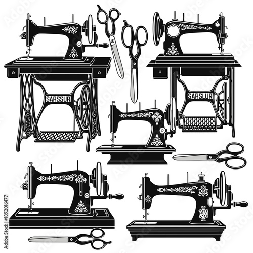 Vintage sewing machines and scissors in elegant black and white for fashion illustrations, textile designs, and retro-themed projects, a perfect vector asset