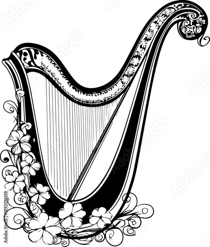 Harp of Melodies: A detailed, stylized illustration of a classical harp, the strings ready to resonate, embellished with intricate floral designs that dance around its form. 