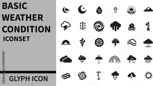Basic Weather Conditions Icon Set - Sunny, Cloudy, Rain, Snow, Thunderstorm, Wind, Temperature, Forecast