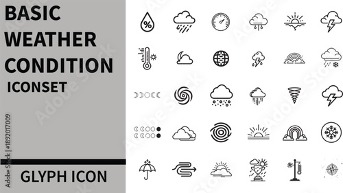 Basic Weather Conditions Icon Set - Sunny, Cloudy, Rain, Snow, Thunderstorm, Wind, Temperature, Forecast