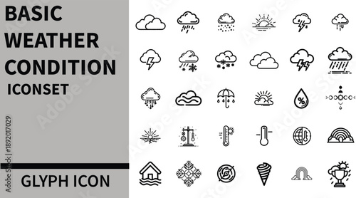 Basic Weather Conditions Icon Set - Sunny, Cloudy, Rain, Snow, Thunderstorm, Wind, Temperature, Forecast