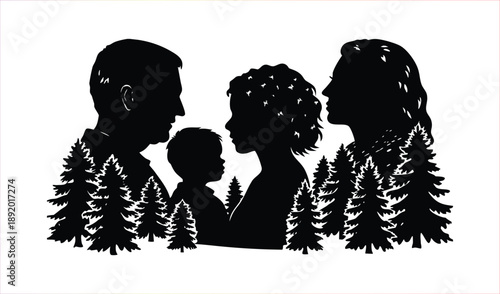 Silhouette Family of Four with Evergreen Trees, Father, Mother, Son, Daughter, Love, Nature