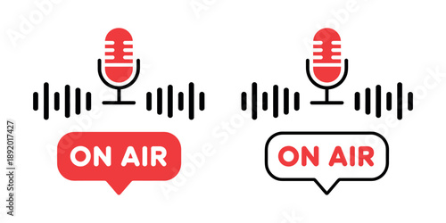 Live On Air Studio Sign Collection featuring professional condenser microphones, glowing red "On Air" indicators, and dynamic audio sound waves.