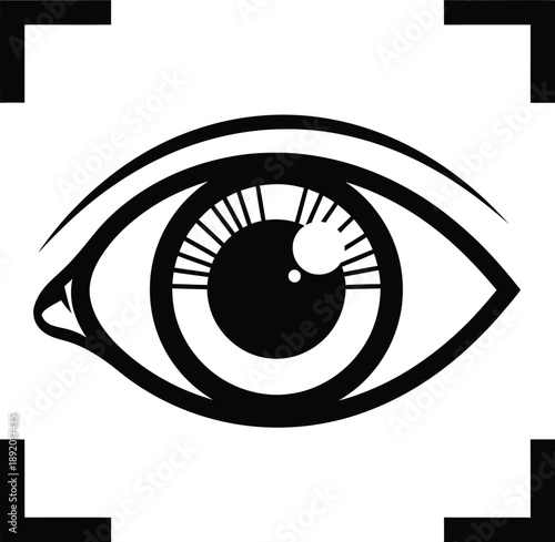 Black and white graphic illustration of a human eye focused within a square frame