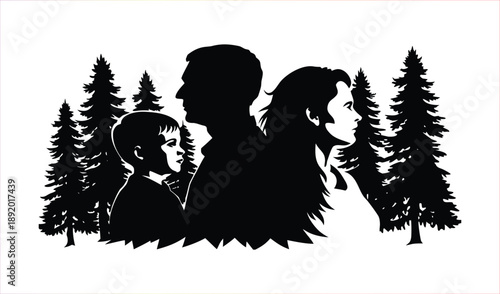 Family Silhouette in Forest: Parents and Son's Profile Views Against Pine Trees