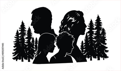 Silhouette Family Portrait with Pine Trees in a Forest Landscape
