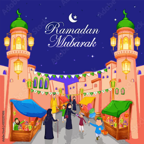 Ramadan Mubarak Illustration - Middle Eastern Street Scene