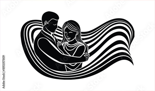 Man Embracing Woman with Swirling Abstract Background in Black and White Vector Art