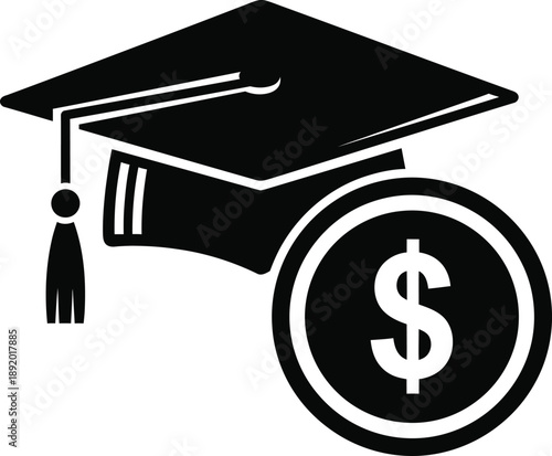 Illustrative icon depicting a graduation cap alongside a dollar coin, symbolizing the financial investment and costs associated with higher education and academic achievement