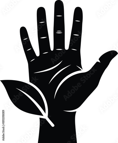 Vector illustration of a human hand gently cradling a leaf, symbolizing environmental care, nature protection, green living, and sustainable future