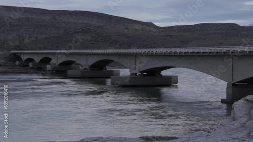 Patagonian Bridge Over Neuquen River at Sunrise, Remote Landscape, Argentina