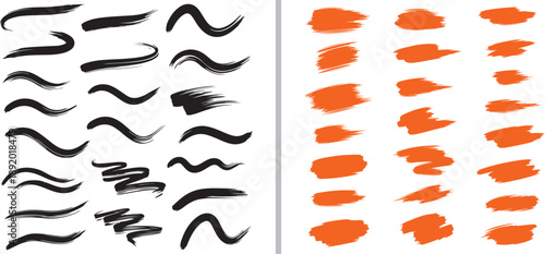 A comprehensive set of artistic hand-drawn elements featuring sweeping black ink strokes and textured orange paint smears. Perfect for creative accents, underlines, and digital calligraphy.