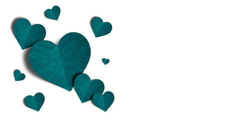 green paper hearts crumpled isolated on transparent background. Valentine's day.