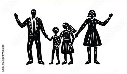 Stylized Family of Four Holding Hands, Parents Waving in a Black and White Silhouette