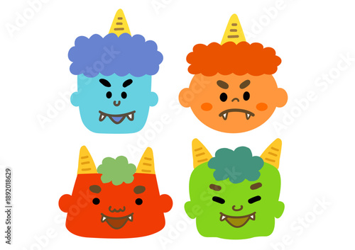 節分のカラフルな鬼の顔のフラットイラストセット